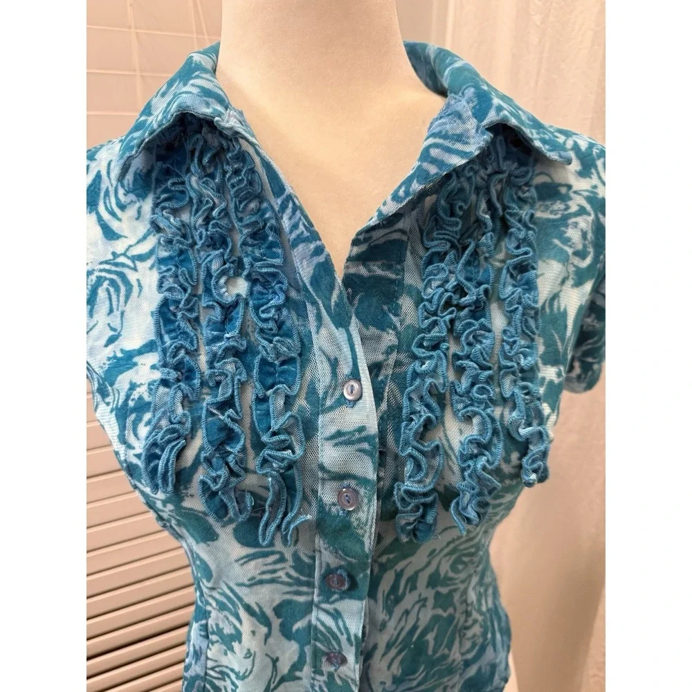 Vtg 90s Y2K Rampage Sheer Velvet Burnout Top Sz M Aqua Floral Ruffle Collar Mesh - Picture 10 of 14